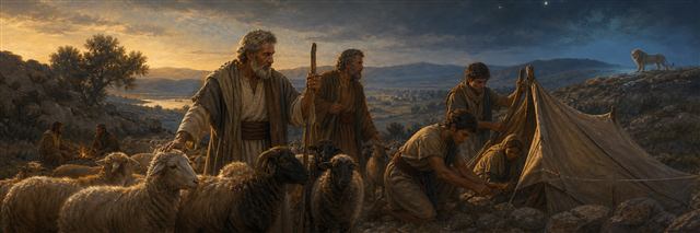 Humble elders tending sheep as community members share burdens and keep watch near dusk